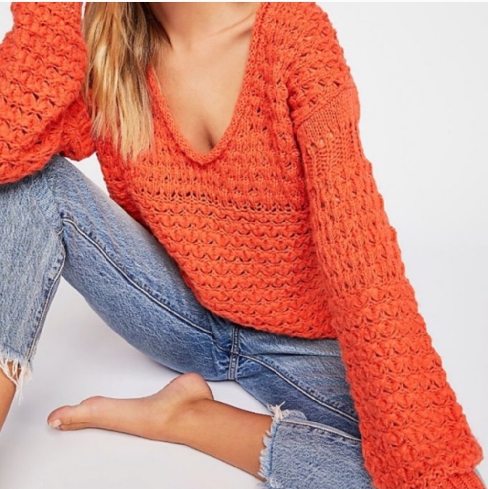 Free People Vibrant Orange V-Neck Sweater